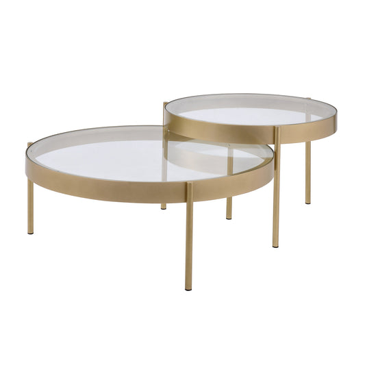 Nesting tables set of 2 with round gold metal frames and clear glass tops by Benzara