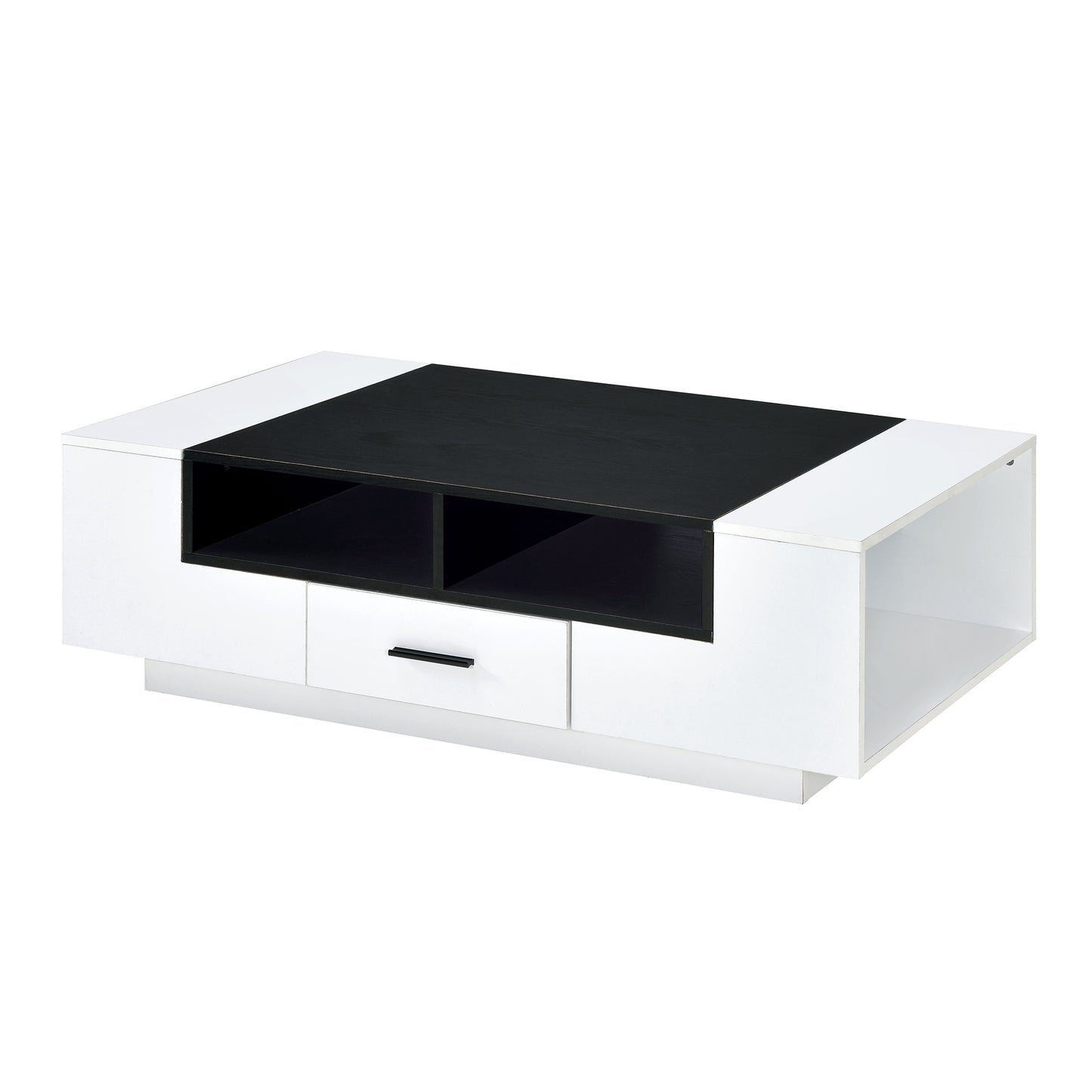Coffee table in black and white finish with drawer and open shelf