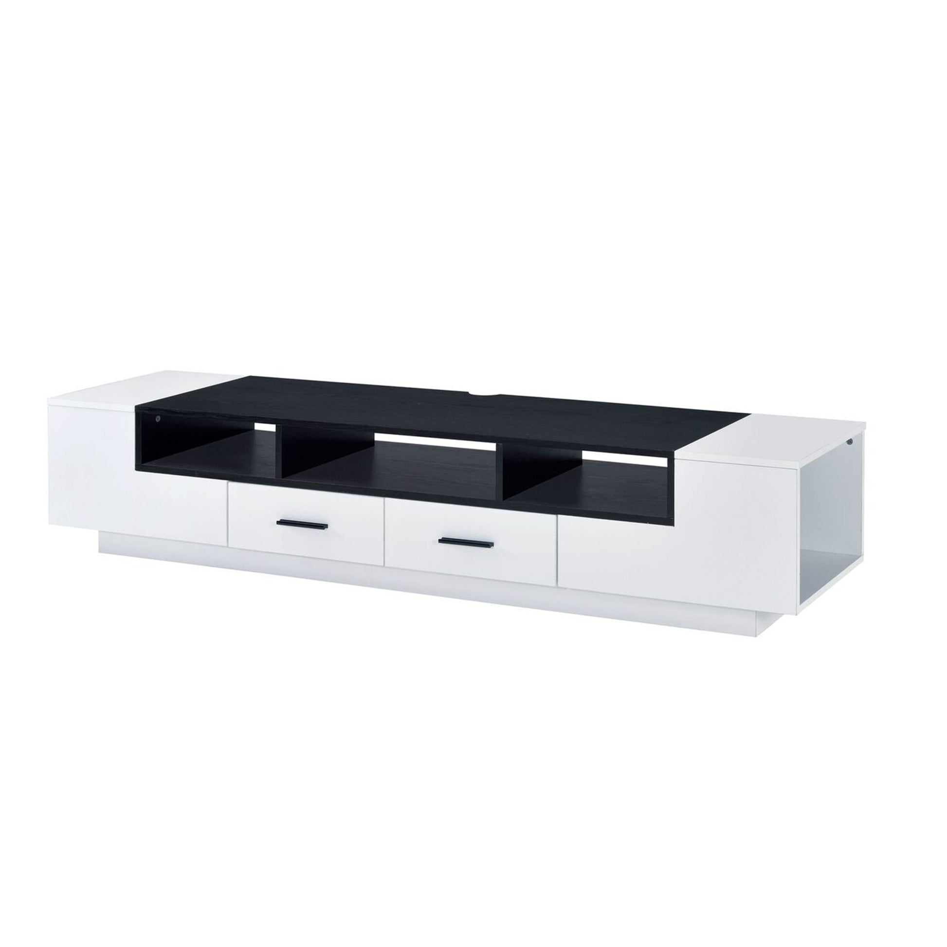 Benzara contemporary 2-drawer TV stand in black and white with open media shelves