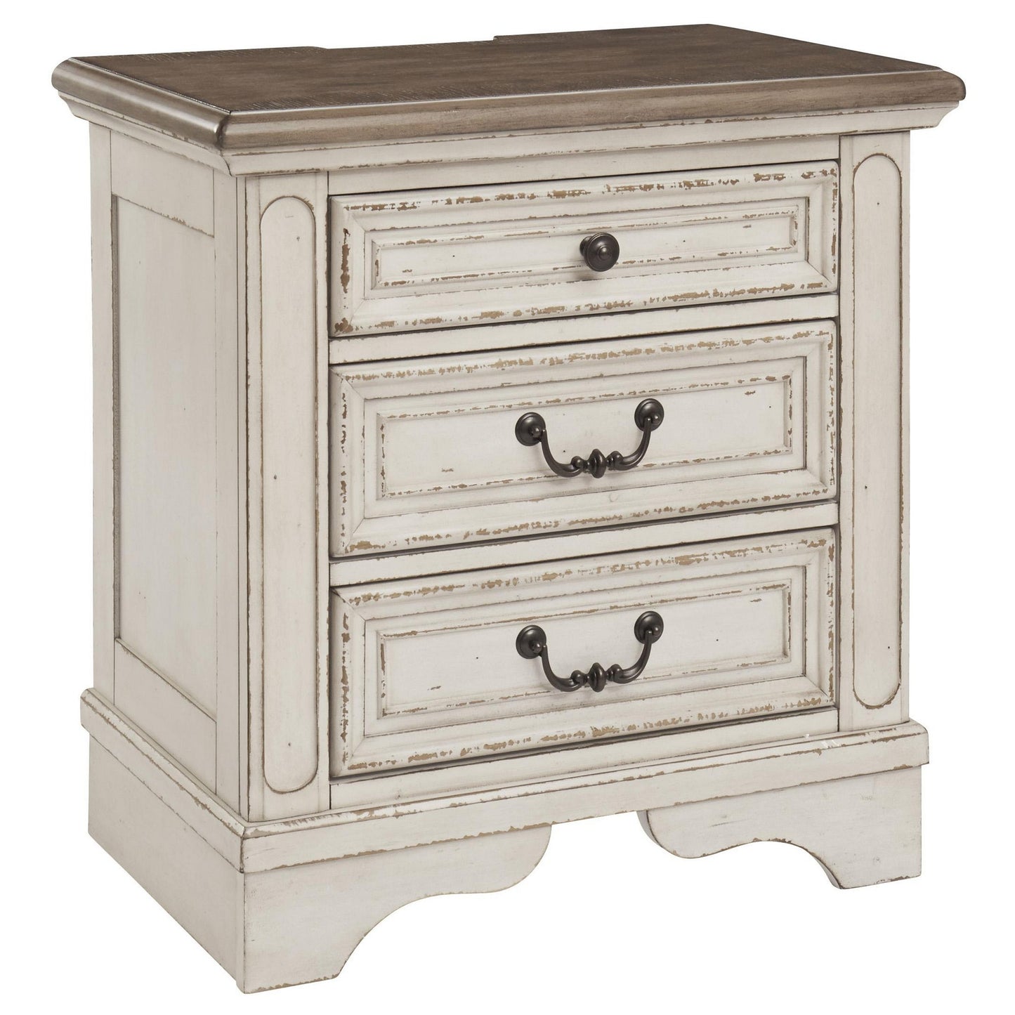 Farah 27 Inch Nightstand with distressed white finish and dark wood top, rustic cottage hardware