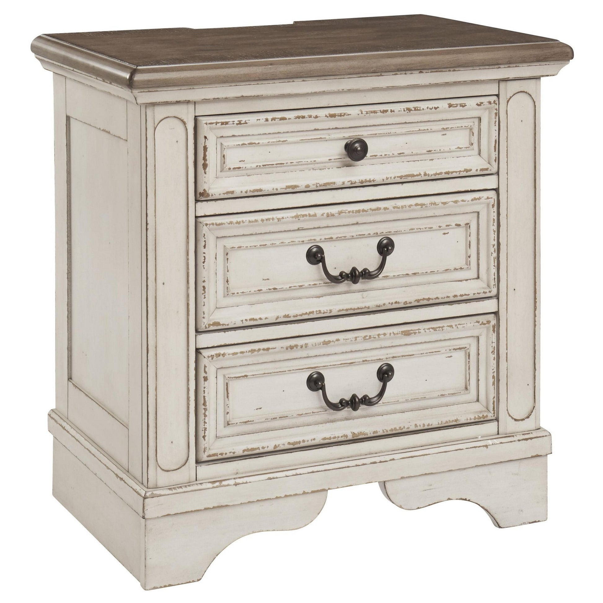 Farah 27 Inch Nightstand with distressed white finish and dark wood top, rustic cottage hardware