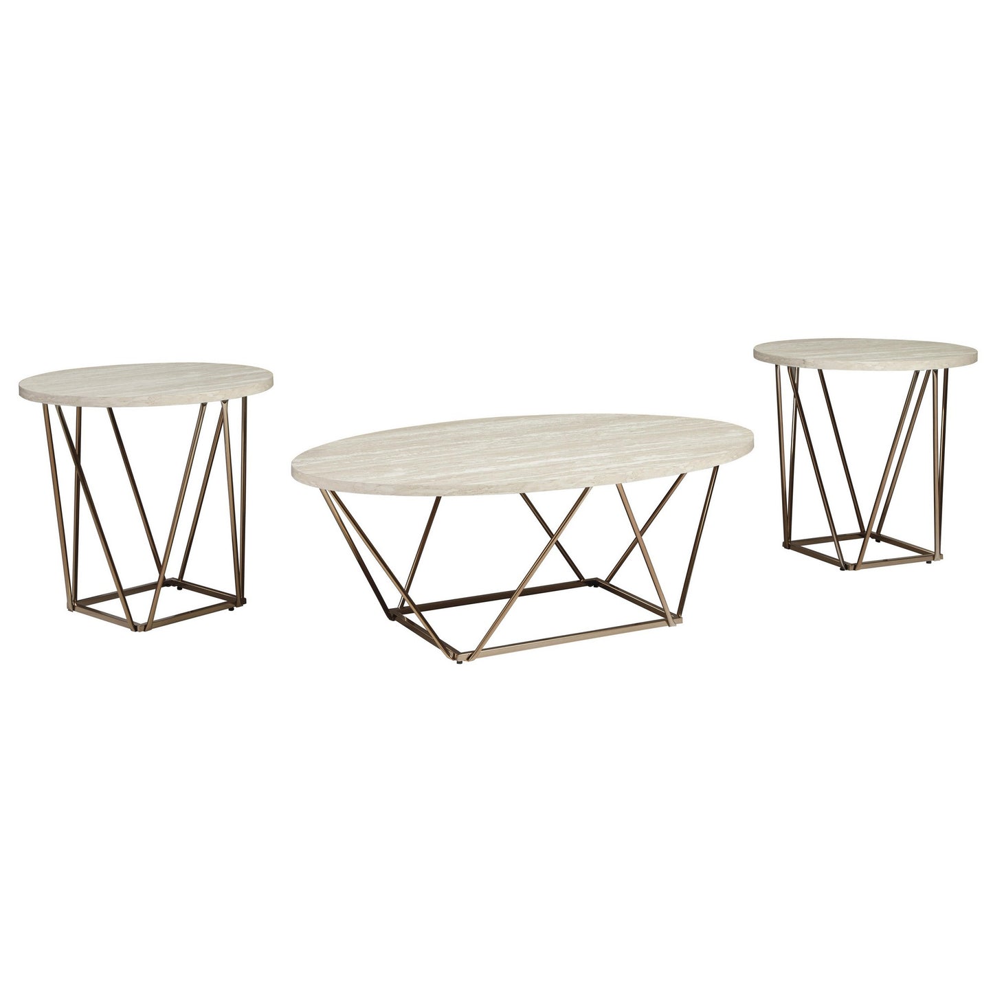 3-piece table set: coffee table and 2 end tables with white faux marble tops and gold metal legs
