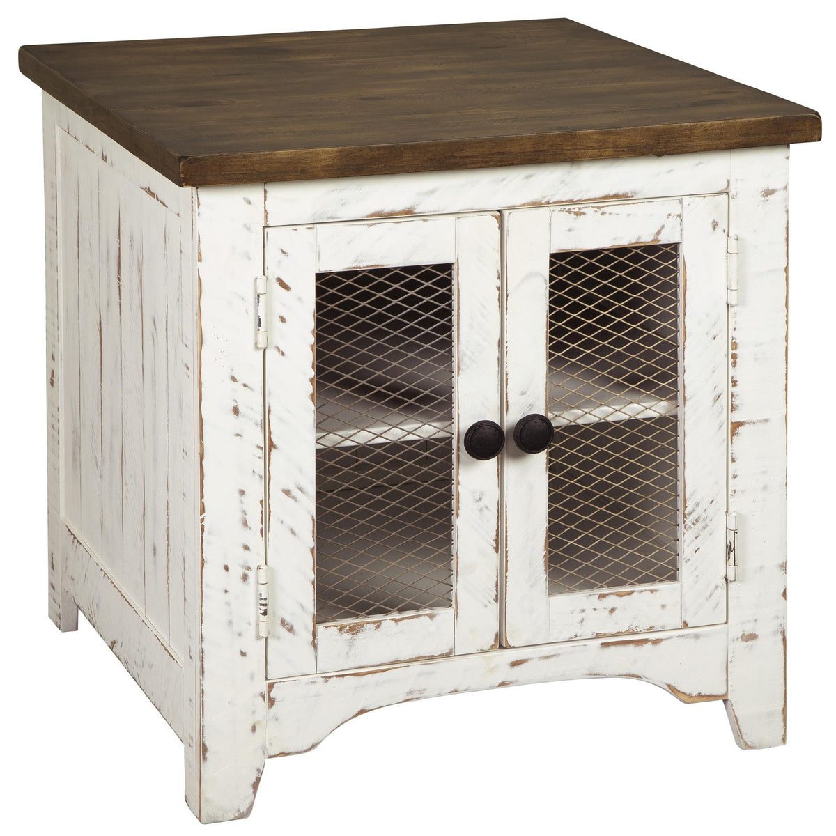 Two-tone wooden end table with metal grill cabinet, brown top and white distressed base