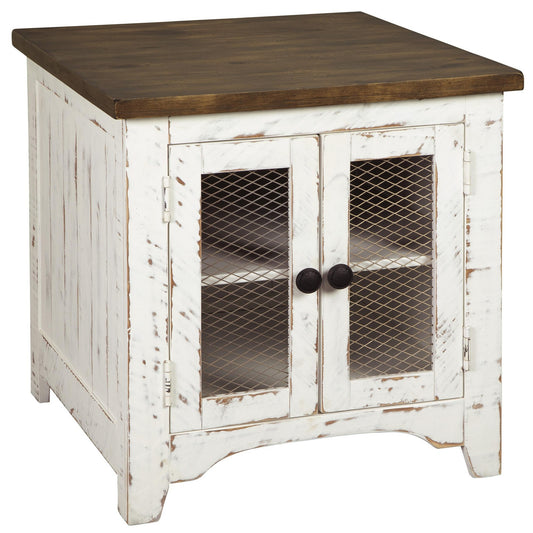 Two-tone wooden end table with metal grill cabinet, brown top and white distressed base