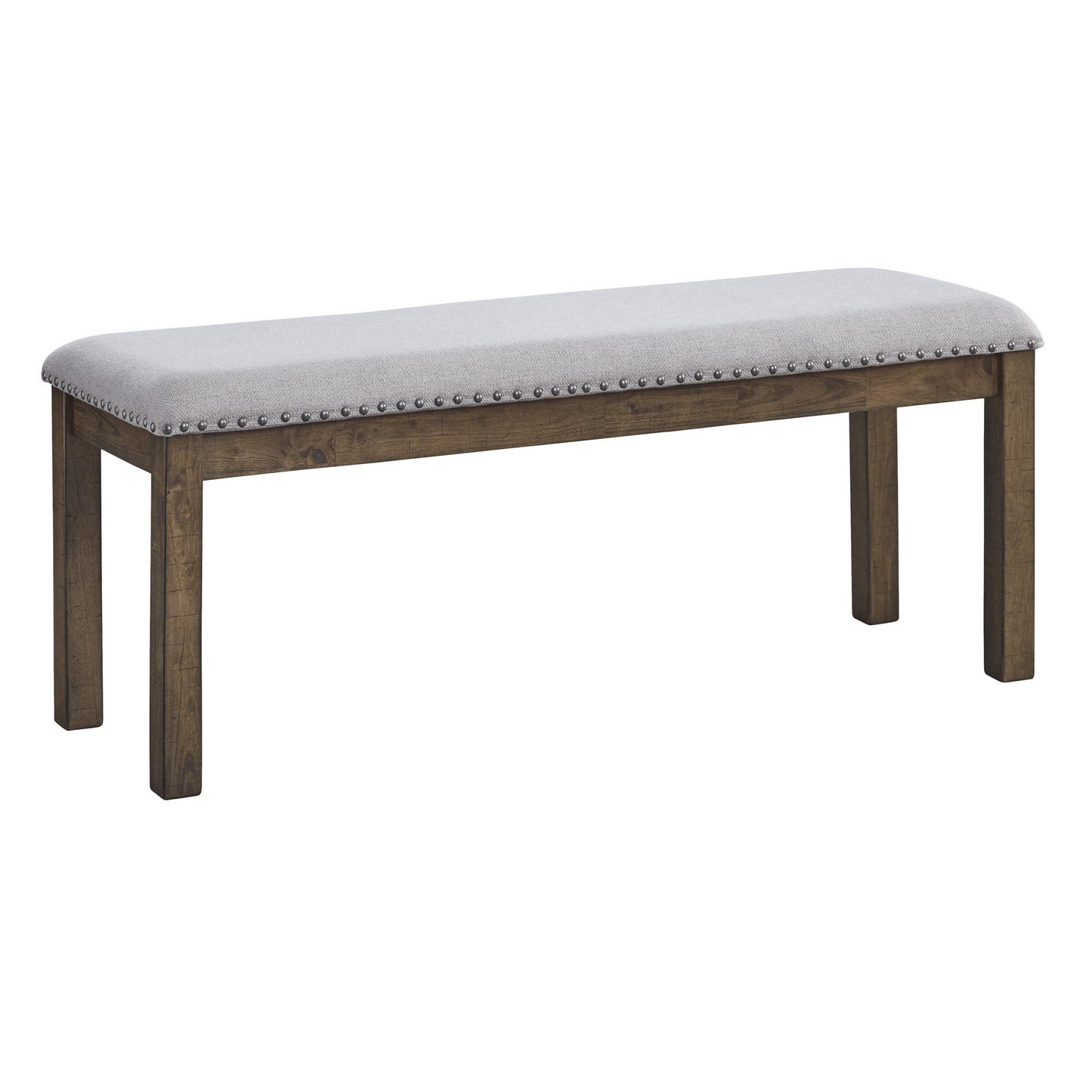 Wooden dining bench with gray fabric upholstery and nailhead trim; brown-stained legs.