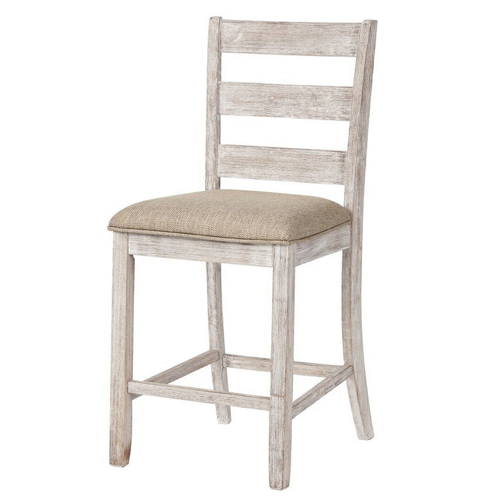 Myra barstool chair set of 2 with beige upholstered seat on weathered whitewashed wood.