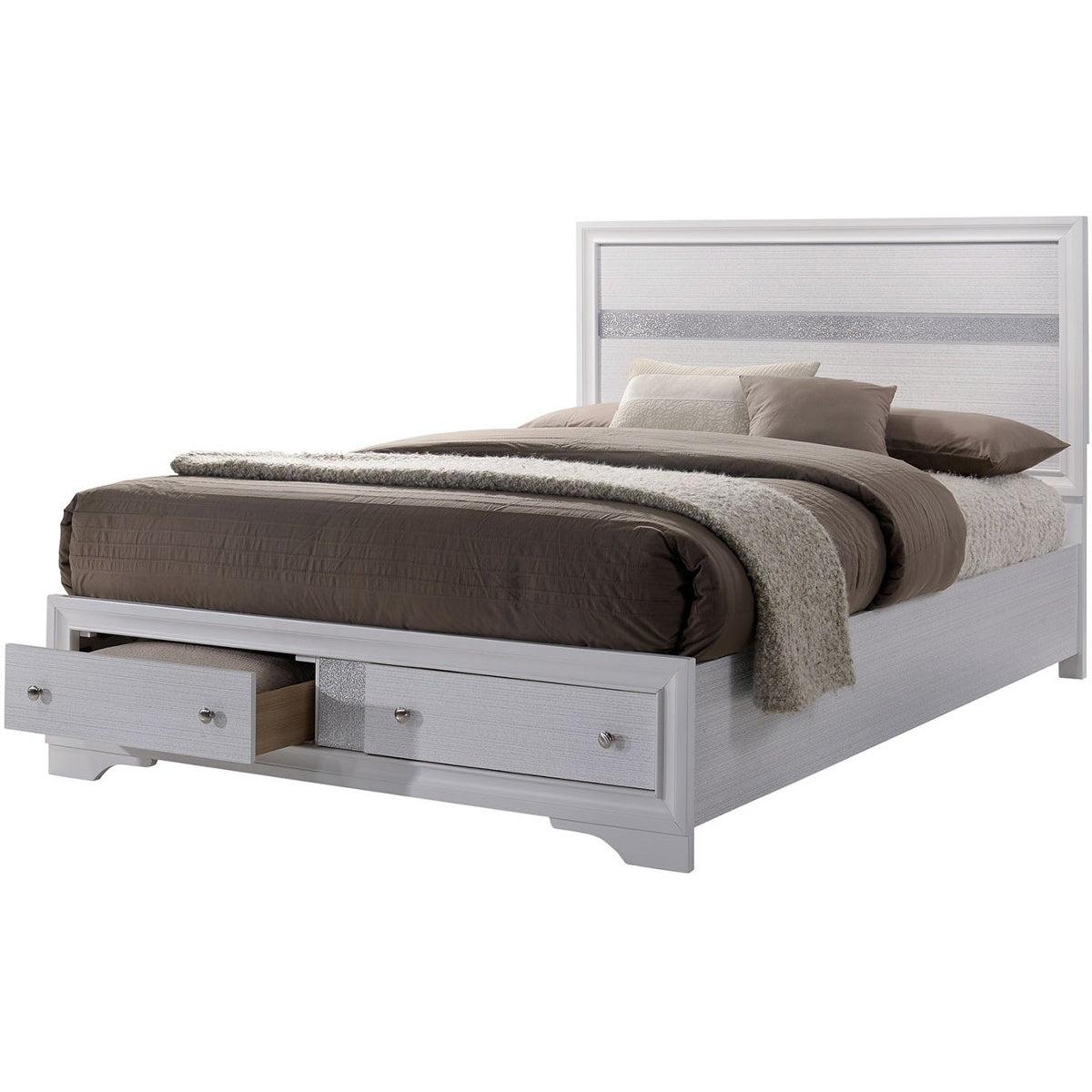 Panel Design Eastern King Bed with Silver Accents and Bracket Feet, White — Chic Home-Decor