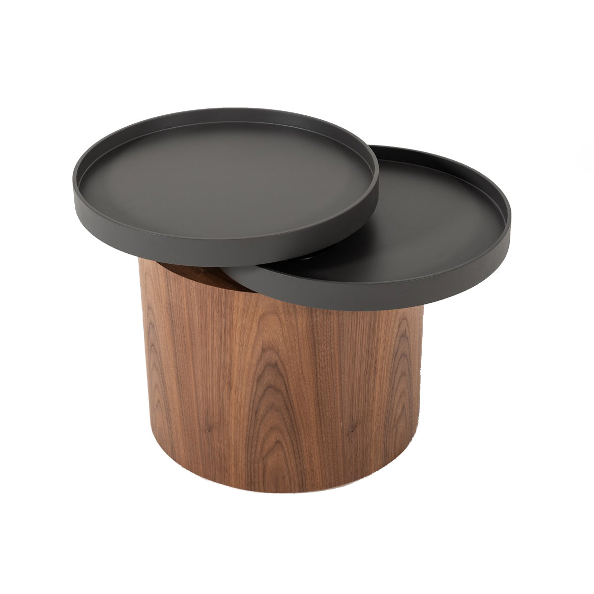 Benzara cylindrical wooden end table with a swiveling two-tier gray tray top over a brown wood base for modern spaces