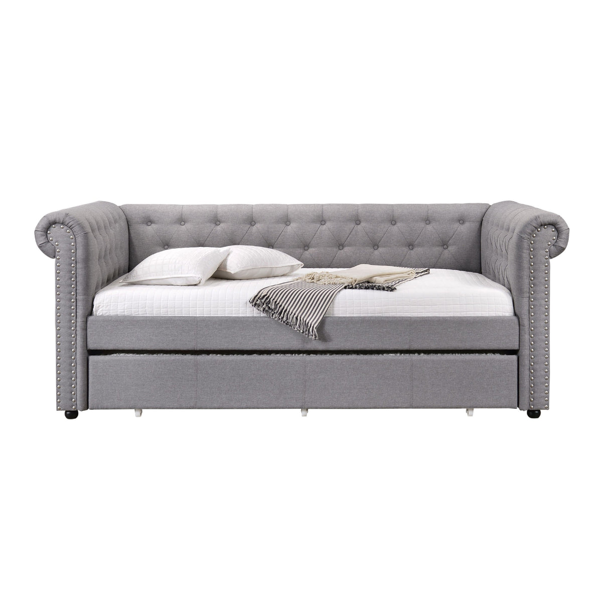Chesterfield Twin Size Daybed with Attached Trundle and Nailhead Trims,Gray — Chic Home-Decor