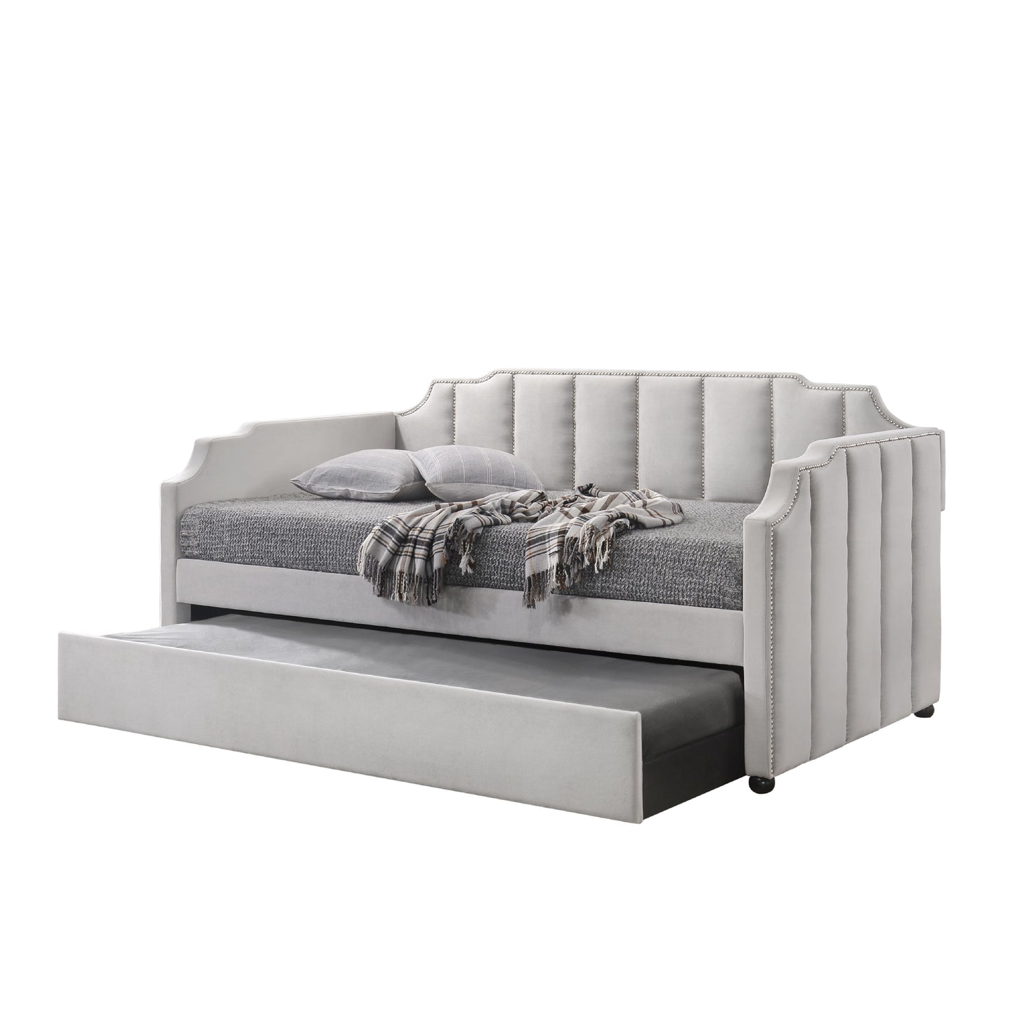 Fabric Twin Size Daybed with Channel Tufting and Nailhead Trim, Gray — Chic Home-Decor