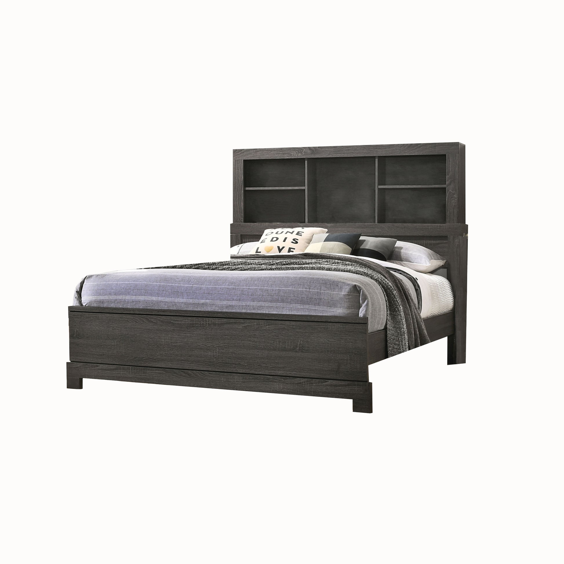 Wooden Queen Size Low Profile Size Bed with Bookcase Headboard, Gray — Chic Home-Decor