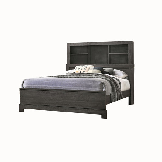 Wooden Queen Size Low Profile Size Bed with Bookcase Headboard, Gray — Chic Home-Decor
