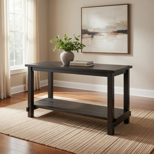 Counter Height Wooden Dining Table with Open Bottom Shelf, Gray