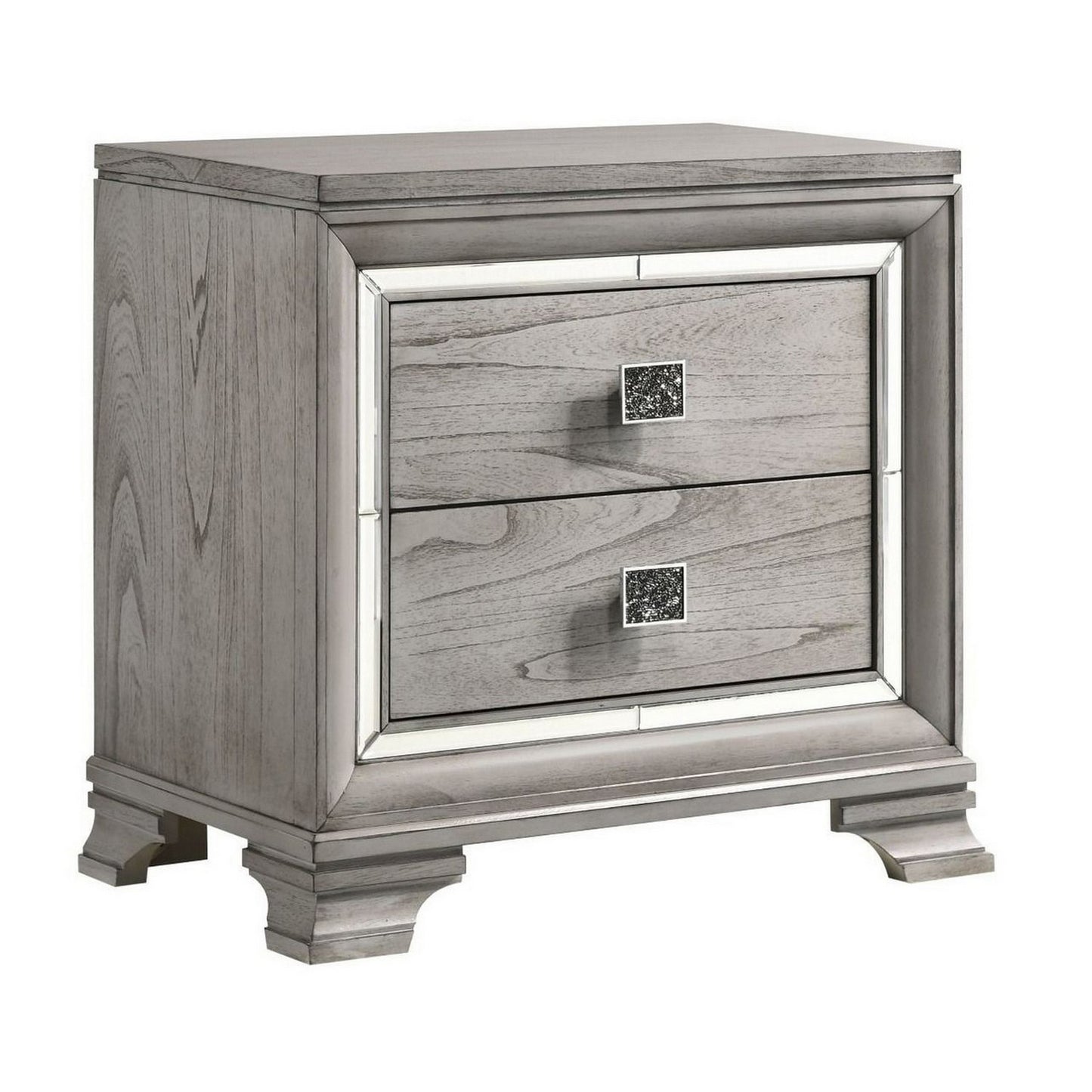 2-drawer nightstand with mirror accent and bracket feet in light gray by Benzara