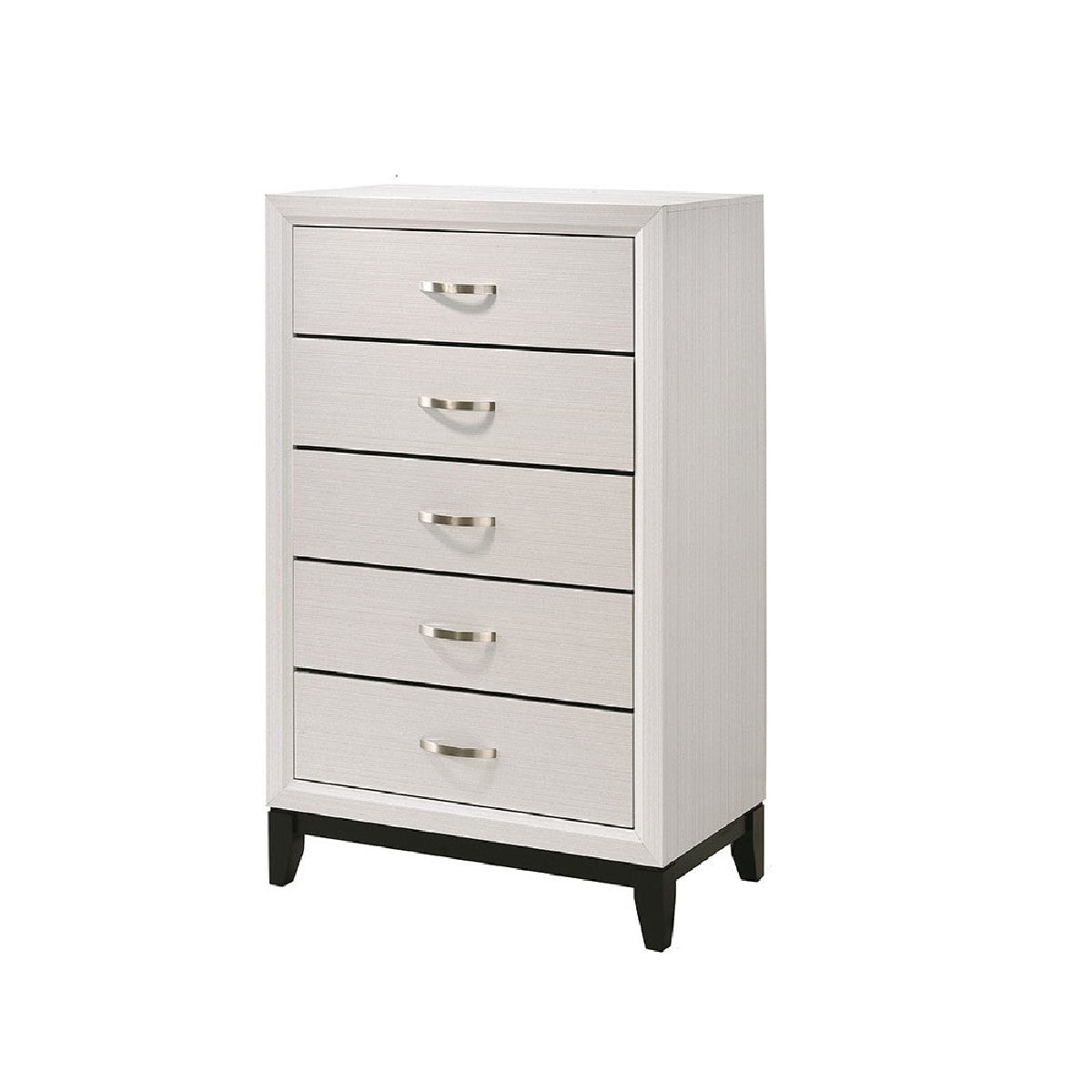 Transitional 5-Drawer Chest in white by Benzara with curved handles and chamfered feet