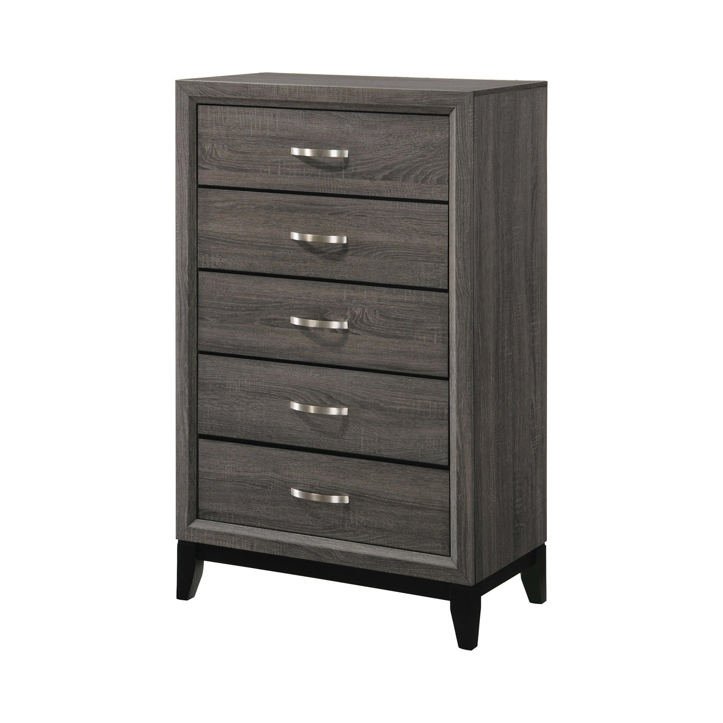 5-drawer transitional chest in gray wood finish with curved handles and chamfered feet