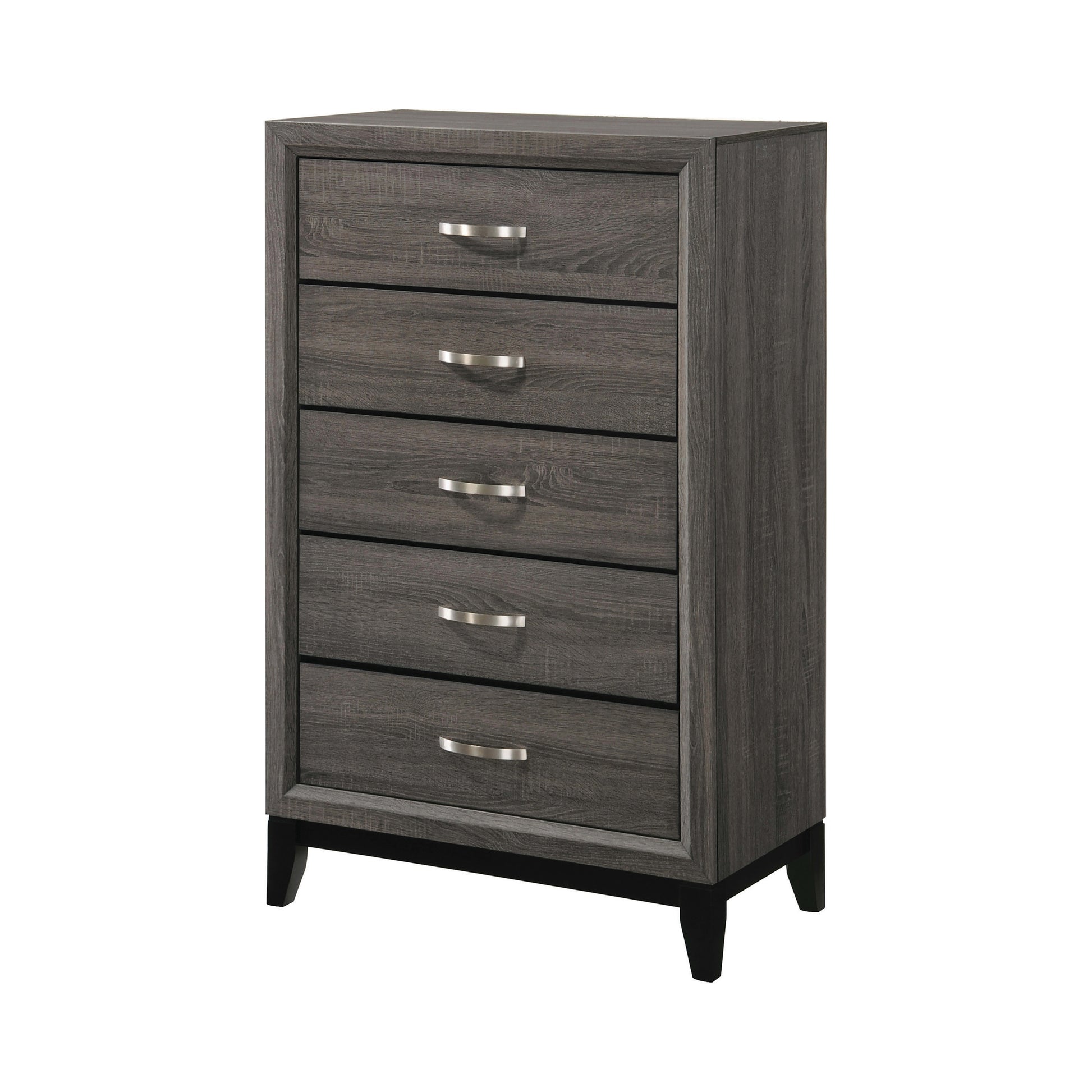 5-drawer transitional chest in gray wood finish with curved handles and chamfered feet