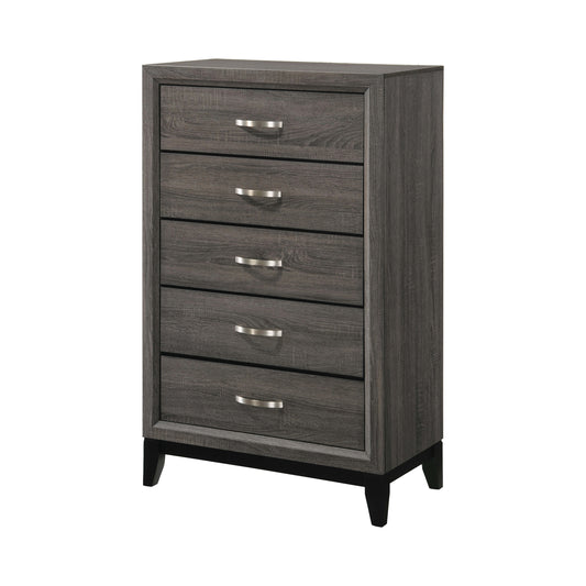 5-drawer transitional chest in gray wood finish with curved handles and chamfered feet