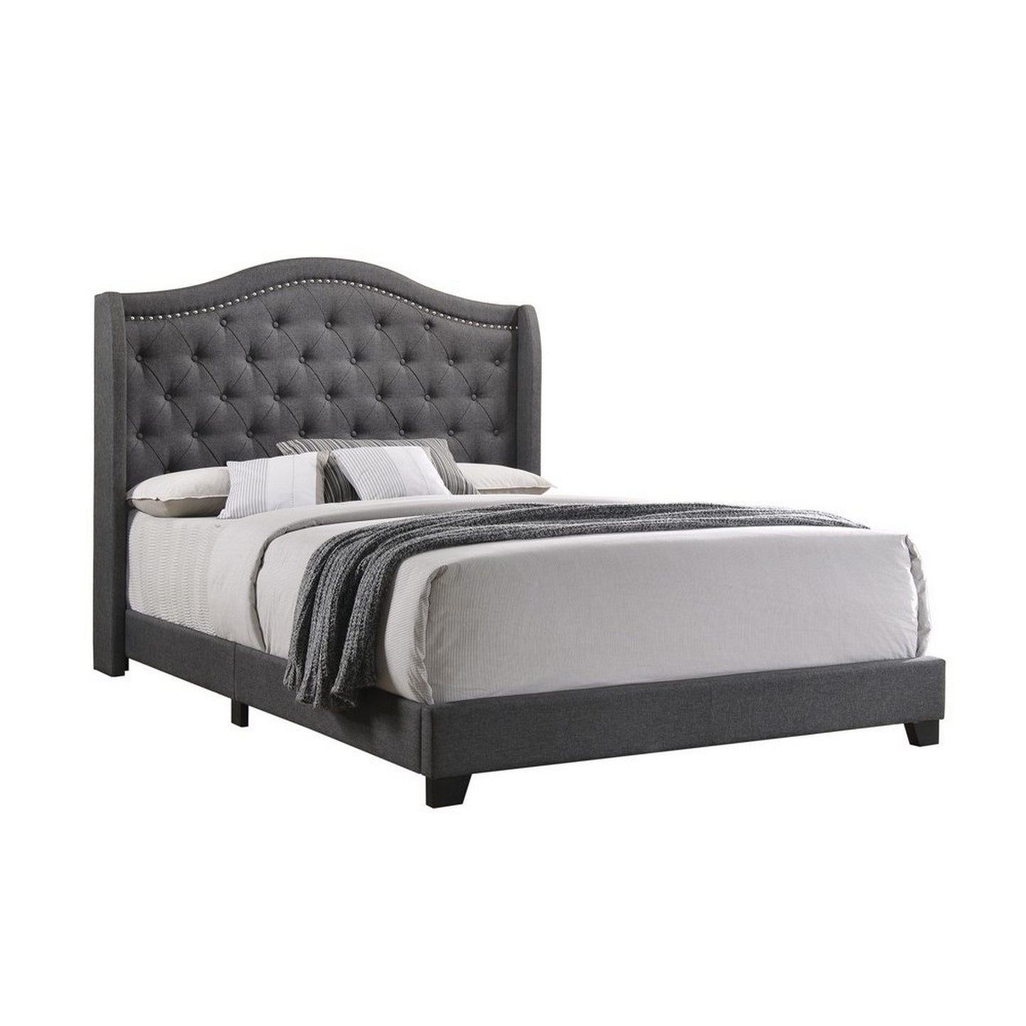 Benzara fabric upholstered wooden demi-wing full bed with camelback tufted headboard in gray