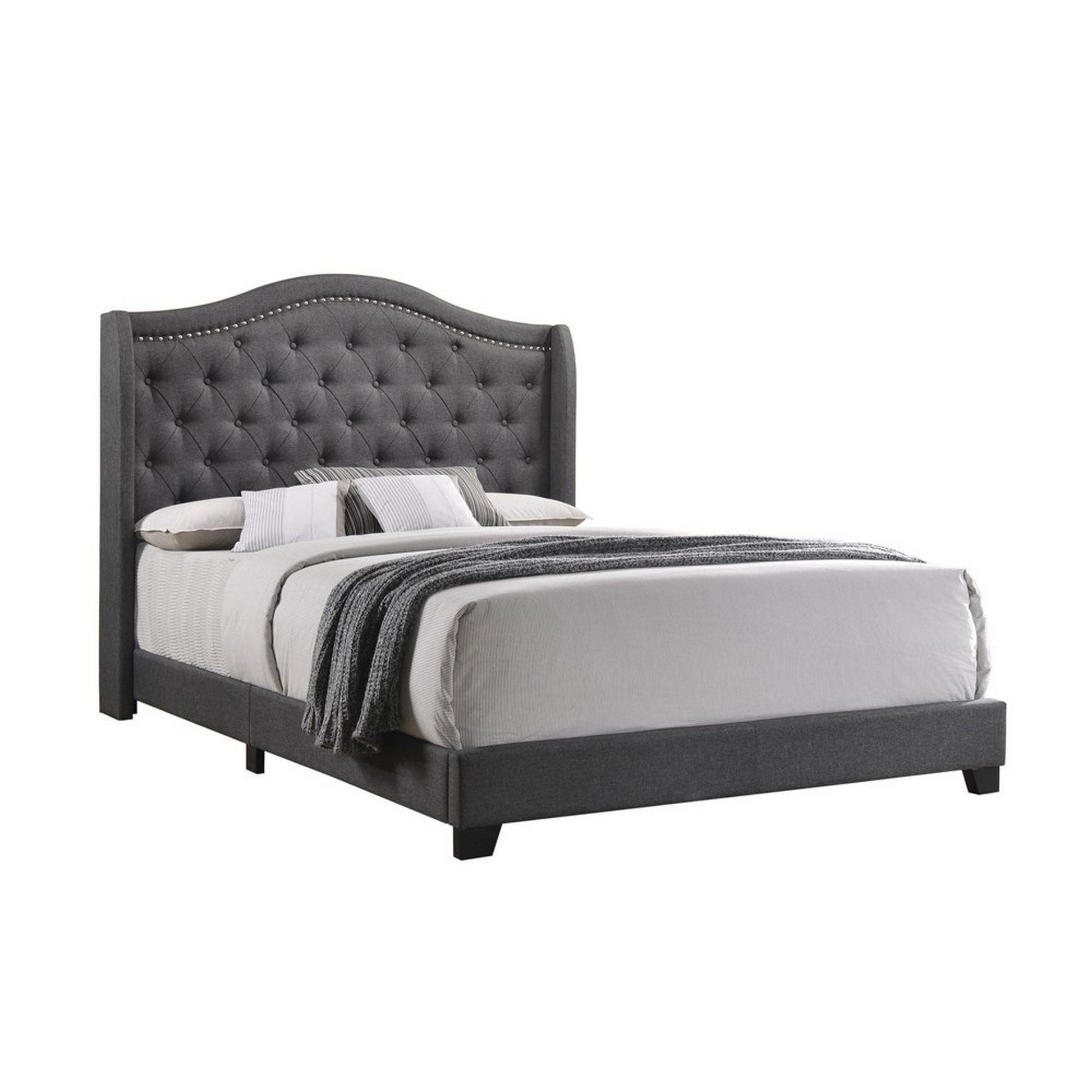 Queen bed with gray fabric upholstery and wooden frame, demi-wing camelback headboard and nailhead trim, Benzara