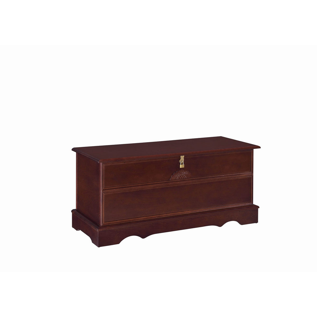 Traditional lift-top wooden chest by Benzara with carved details in dark brown