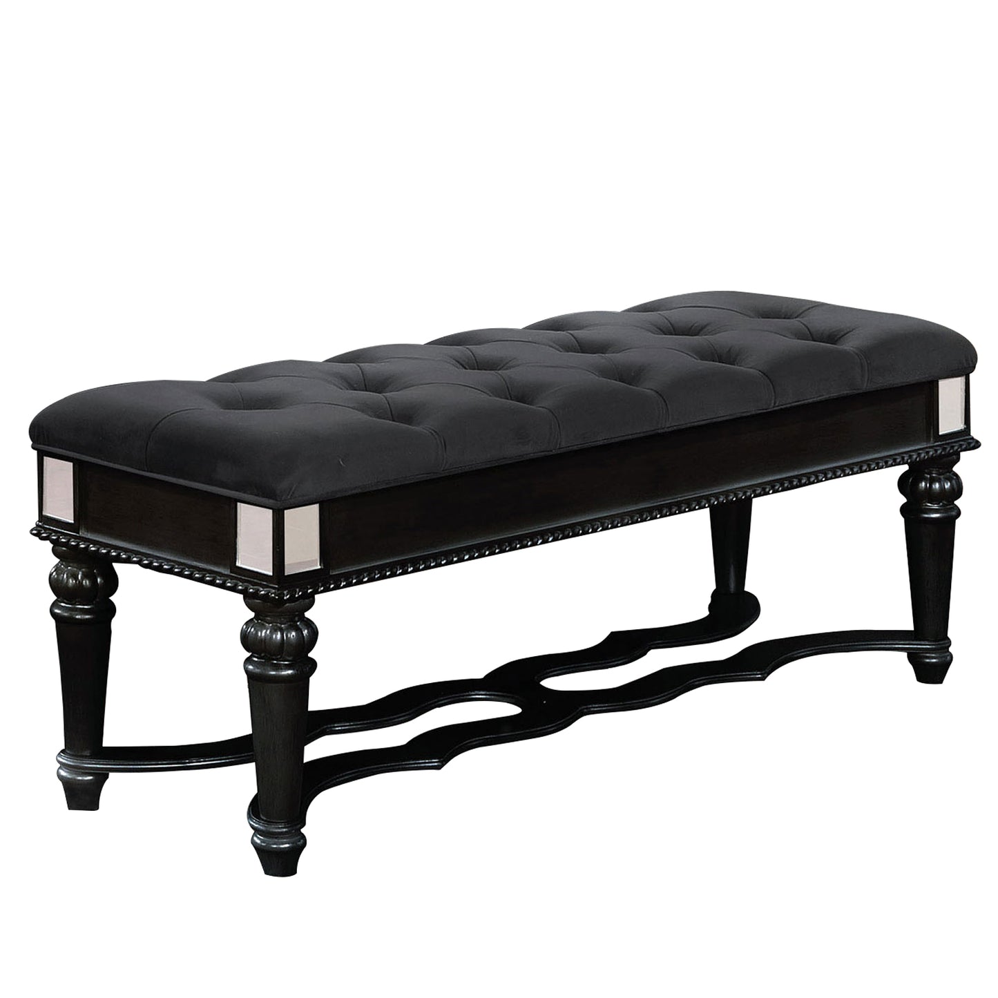 Fabric padded black bench with deep button tufting and turned legs.