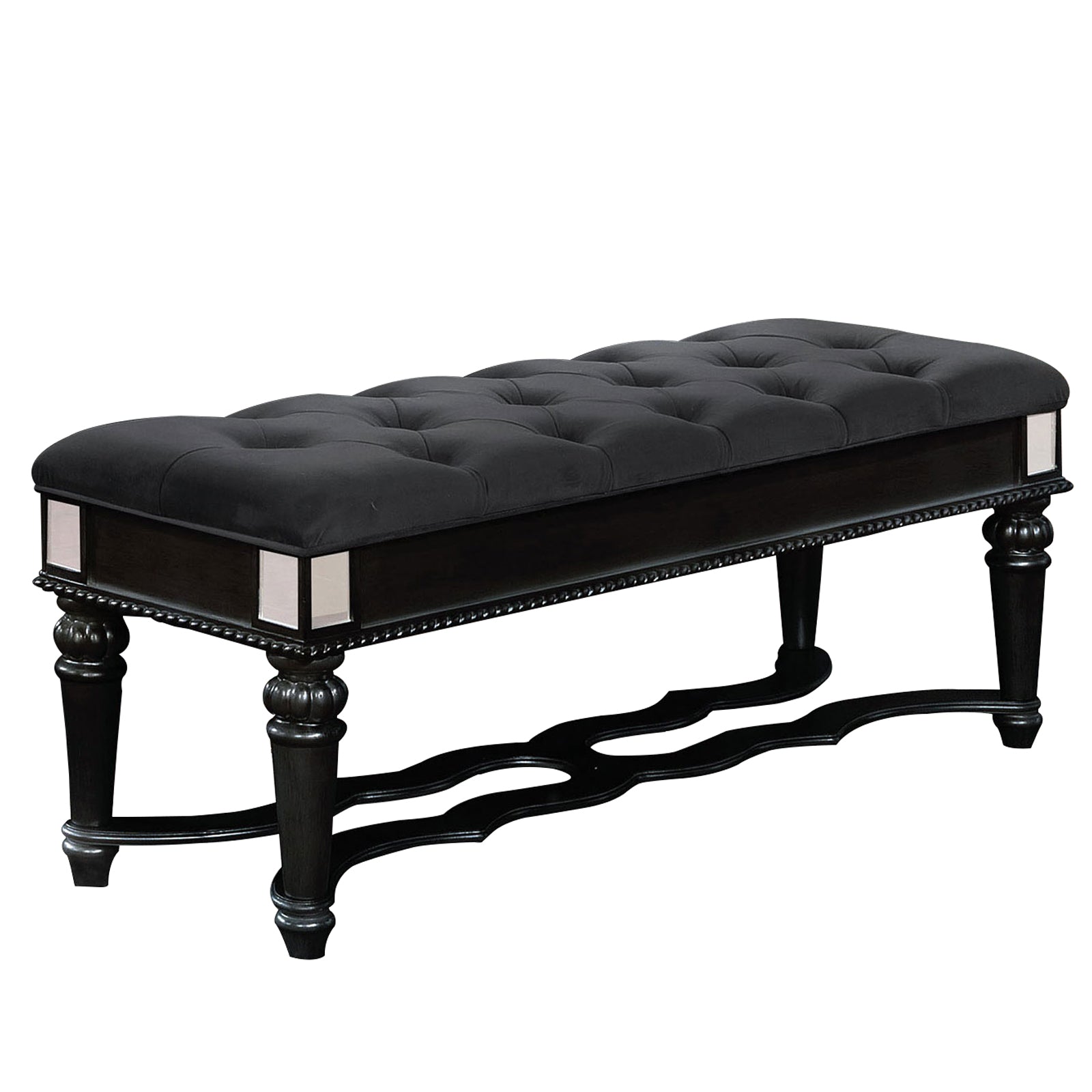 Fabric padded black bench with deep button tufting and turned legs.