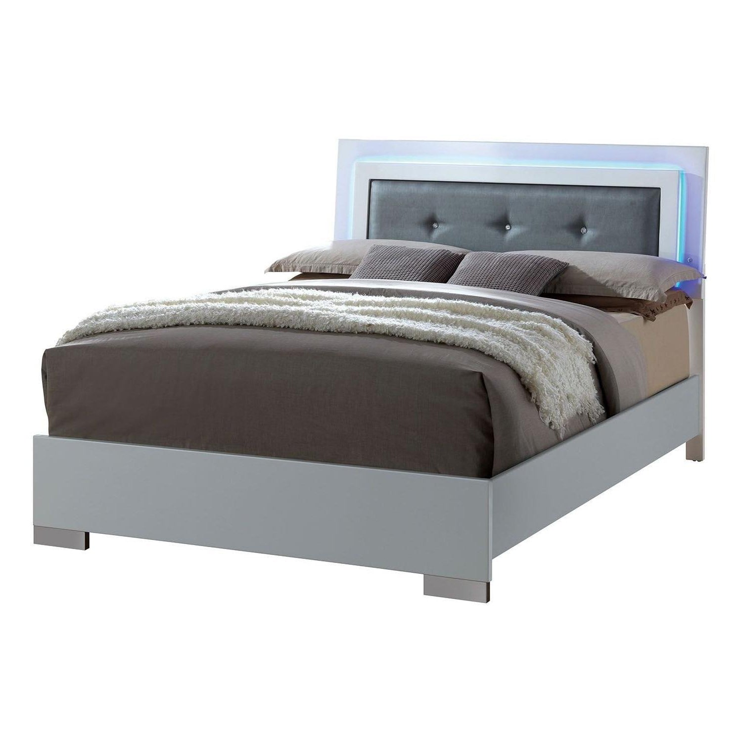Wooden Eastern King Bed with Leatherette Headboard, White and Black — Chic Home-Decor