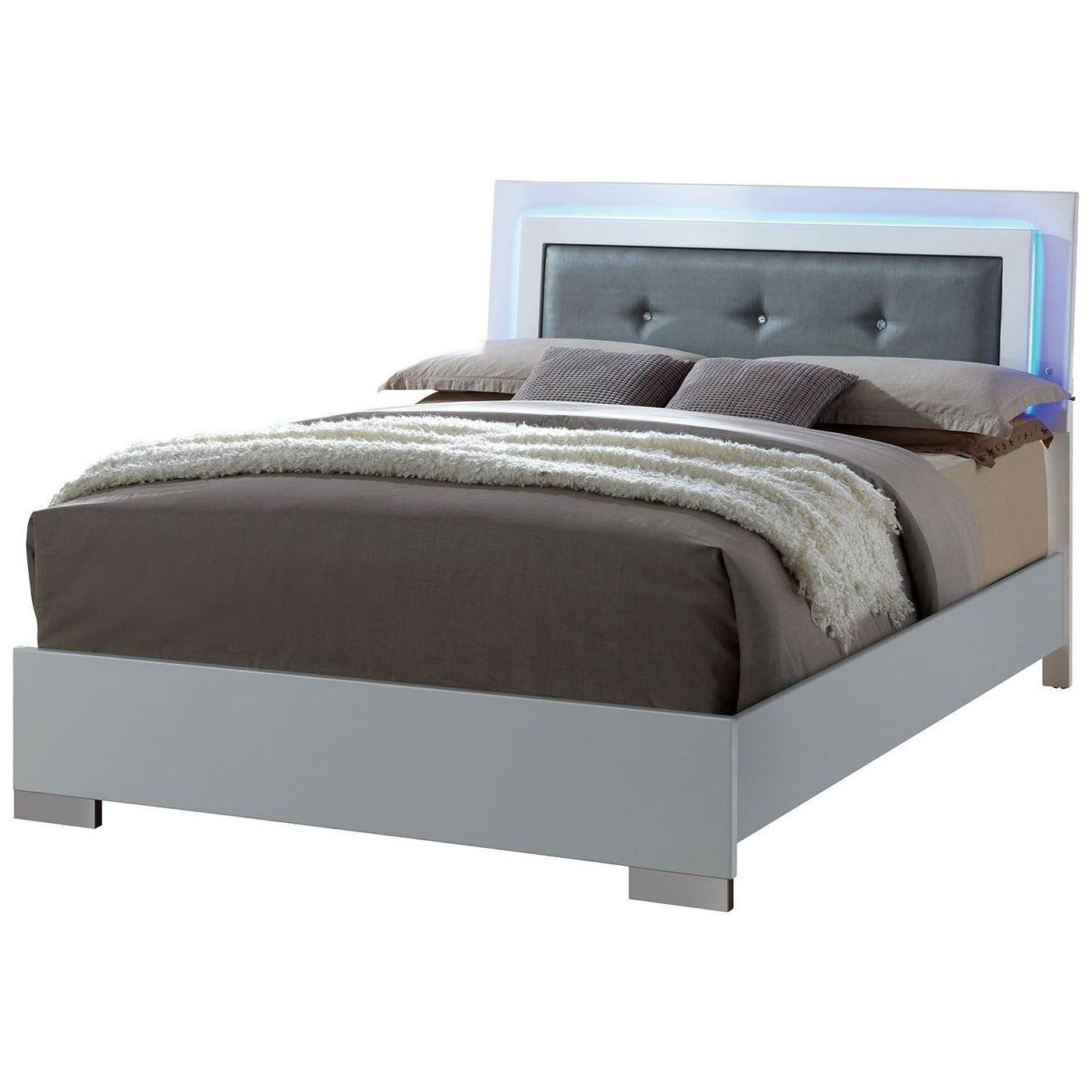 Wooden Queen Bed with Leatherette Headboard and LED trims, White and Black — Chic Home-Decor