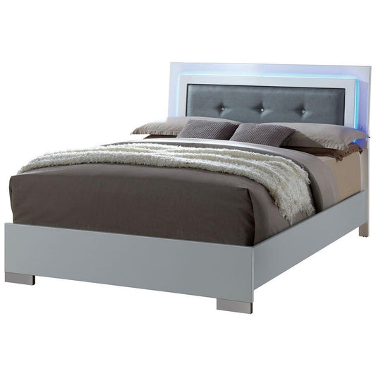 Wooden Queen Bed with Leatherette Headboard and LED trims, White and Black — Chic Home-Decor