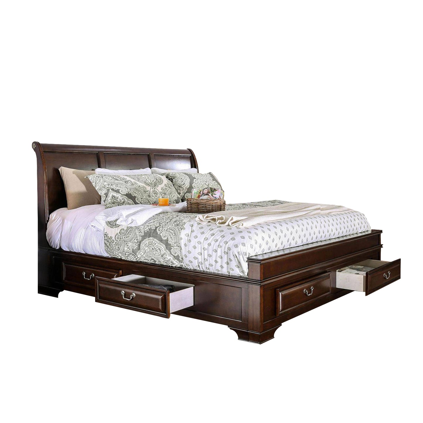 Transitional California King Wooden Bed with Multiple Bottom Drawers, Brown — Chic Home-Decor