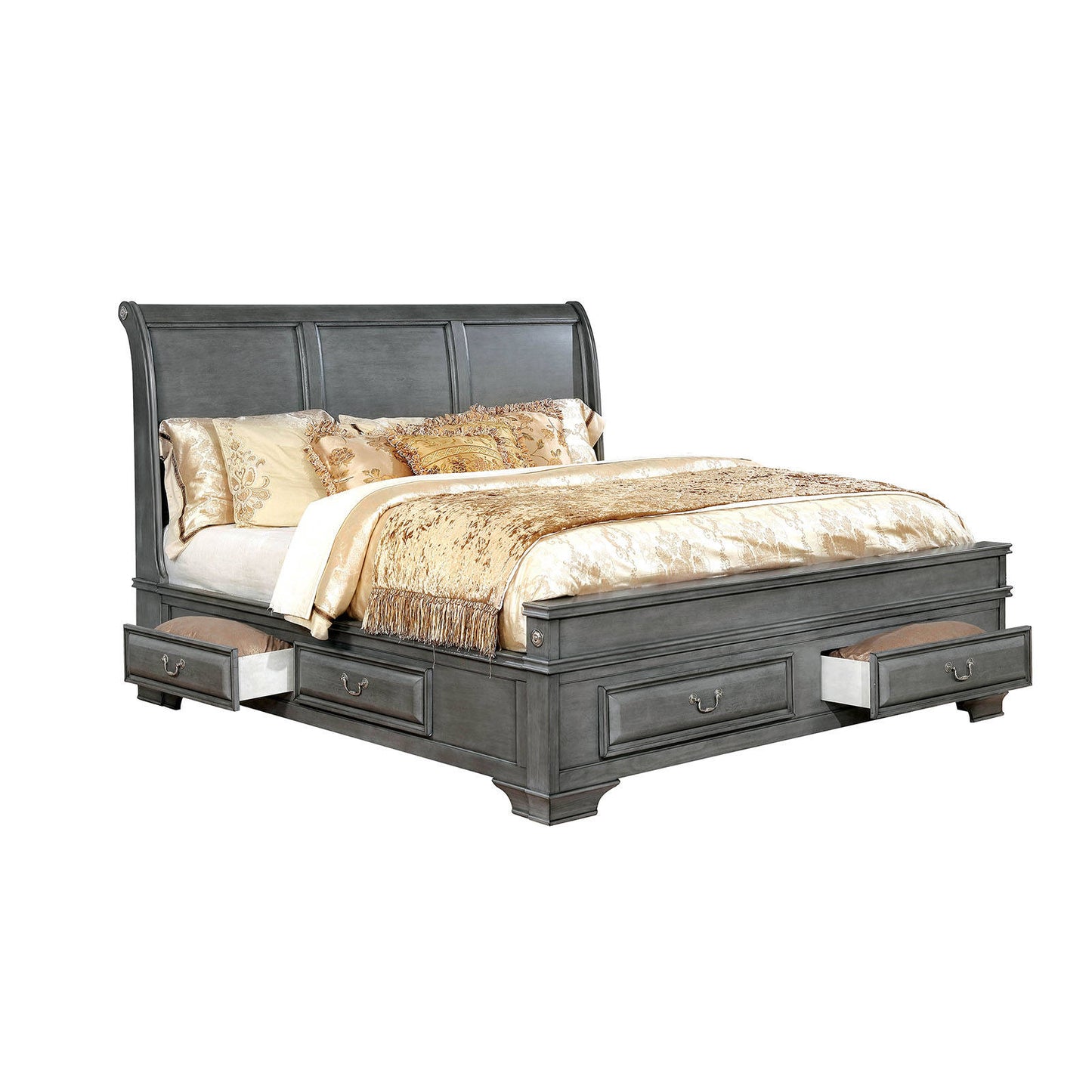 Transitional California King Wooden Bed with Multiple Bottom Drawers, Gray — Chic Home-Decor