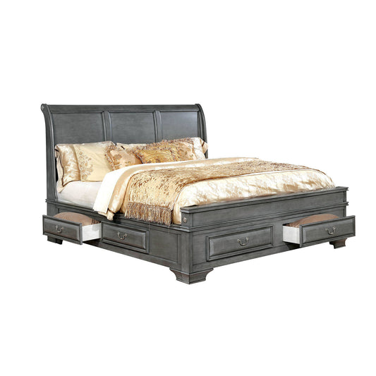 Transitional California King Wooden Bed with Multiple Bottom Drawers, Gray — Chic Home-Decor