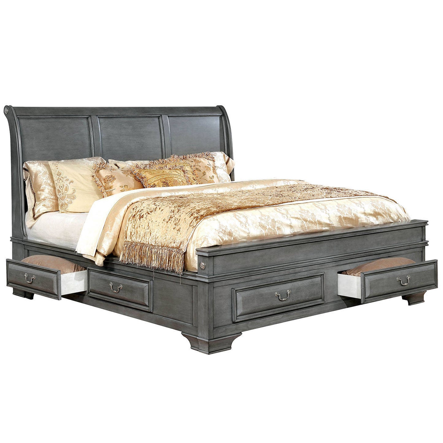 Transitional Eastern King Wooden Bed with Multiple Bottom Drawers, Gray — Chic Home-Decor