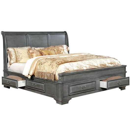 Transitional Eastern King Wooden Bed with Multiple Bottom Drawers, Gray — Chic Home-Decor