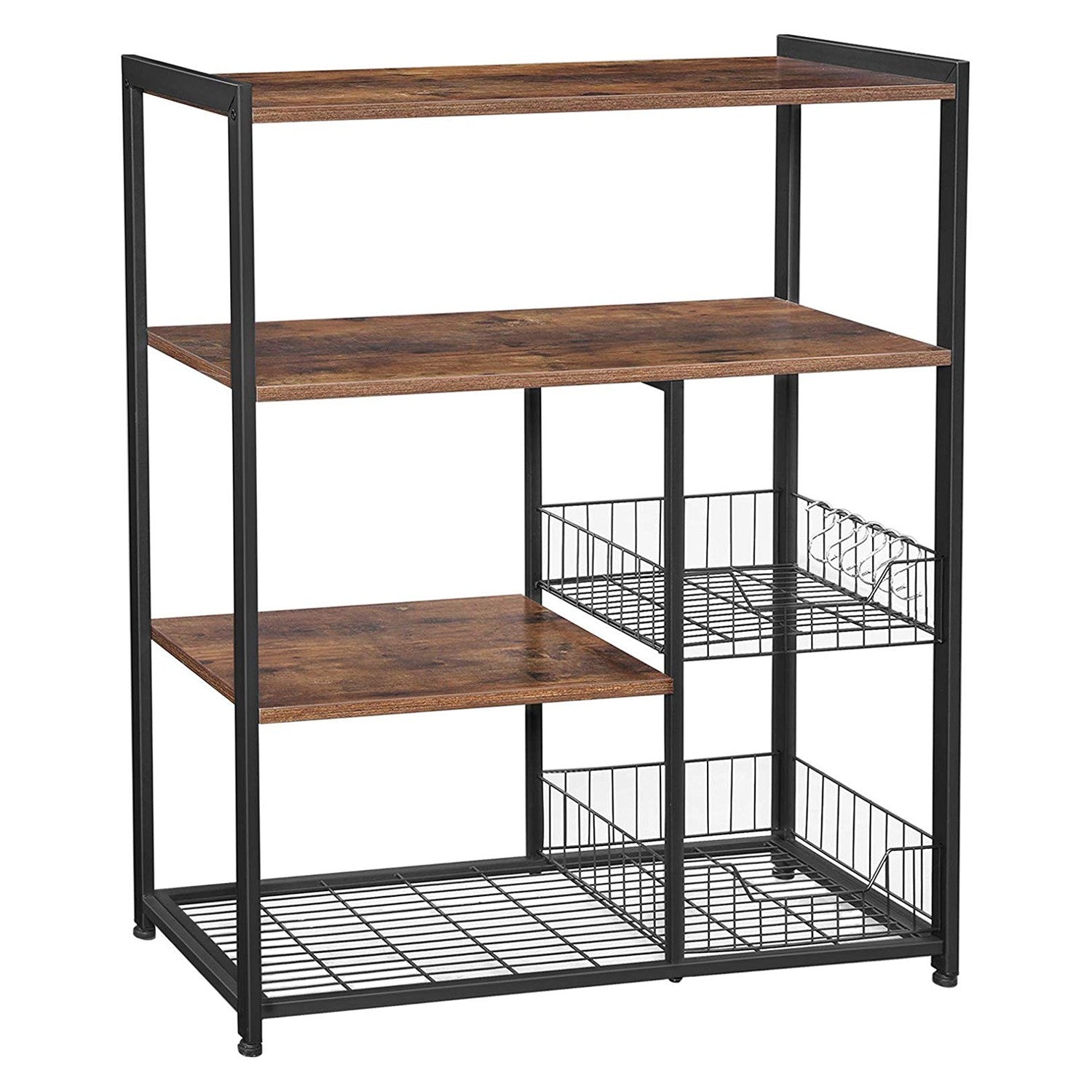 Benzara Bakers Rack with 2 mesh baskets and 6 hooks, wood and metal frame in brown and black.