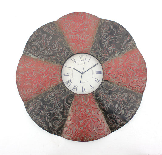 Blooming Flower Design Metal Wall Clock Set of 2 with Scroll Motifs, Red and Black — Chic Home-Decor
