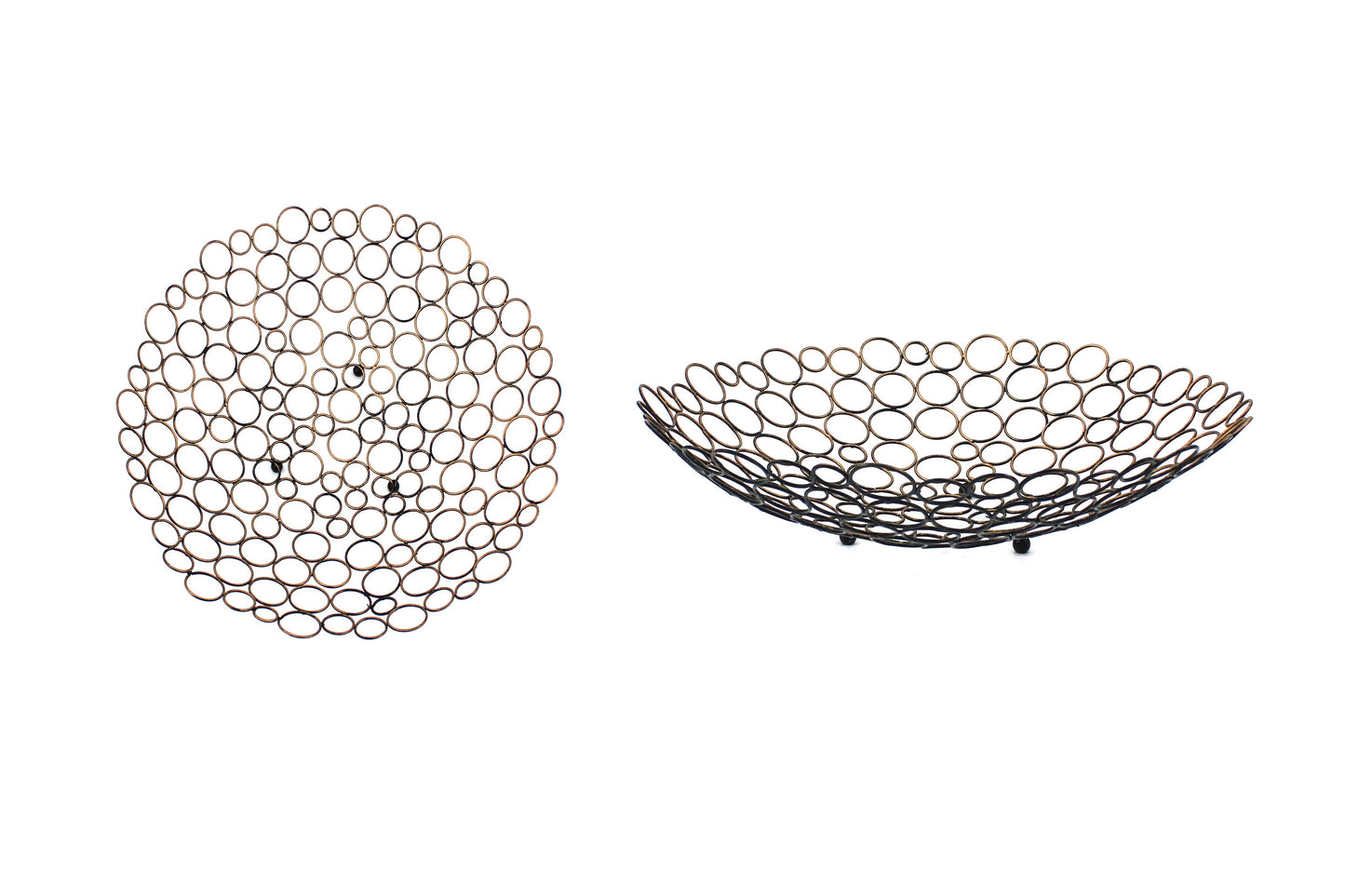 Decorative metal tray set of 2 with mesh circle design and ball-support structure in gold and black