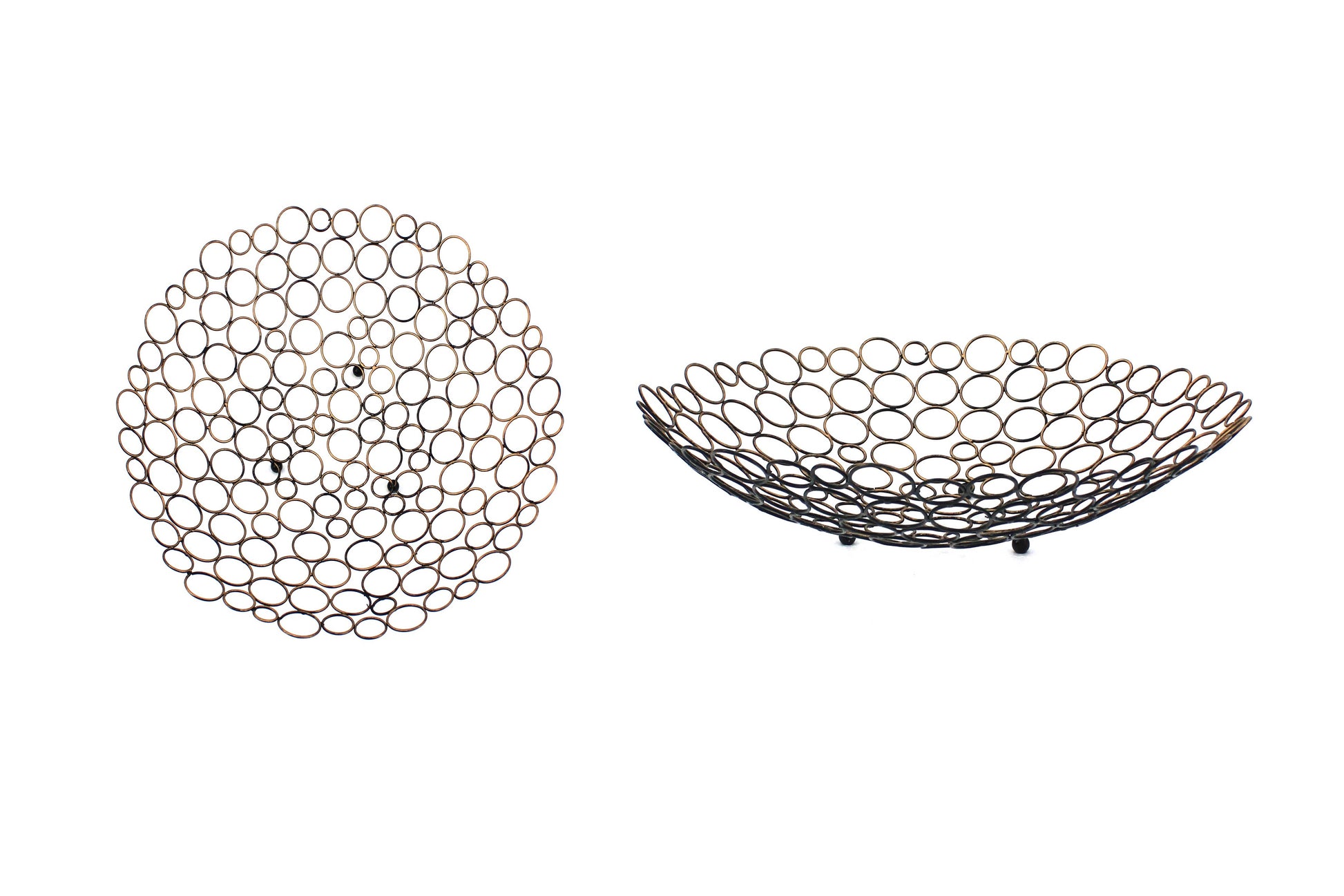 Decorative metal tray set of 2 with mesh circle design and ball-support structure in gold and black