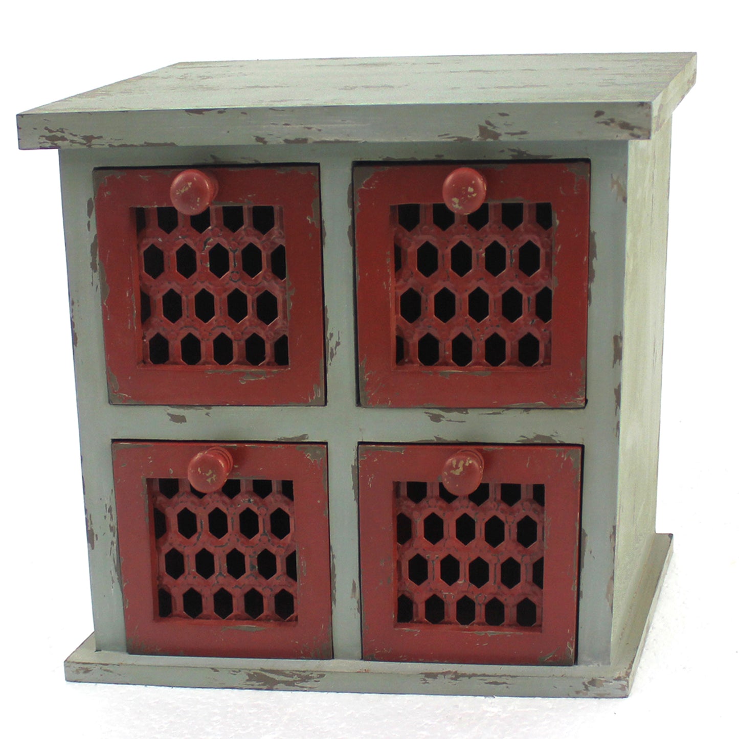 Wooden Table Top Organizer Set of 2 with 4 Drawers, Distressed Gray and Red — Chic Home-Decor