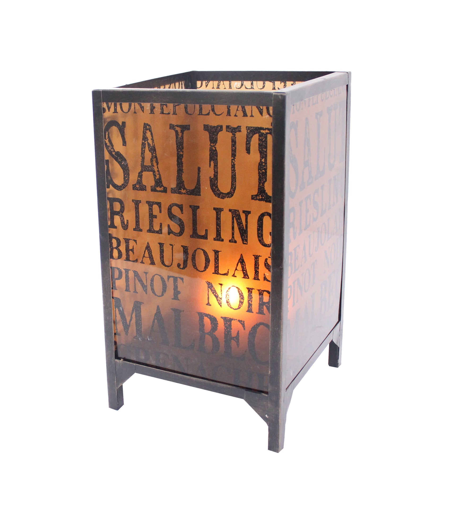 Cuboidal metal and glass candleholder with typography, Benzara, amber-tinted panels