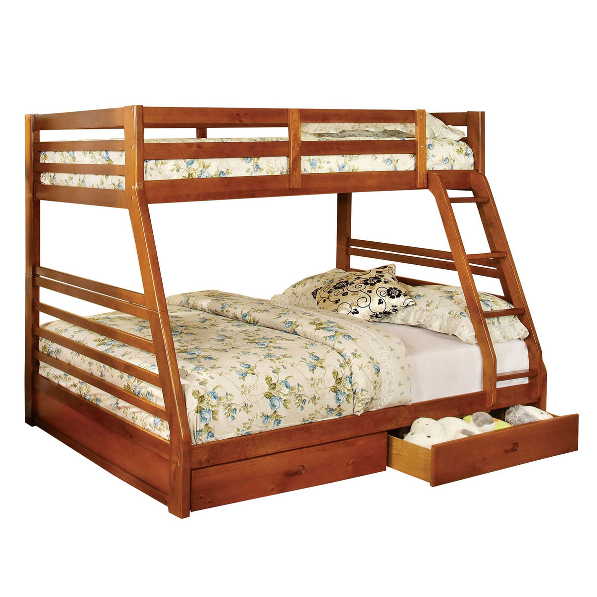 Transitional Style Twin Over Full Bunk Bed with Drawers, Oak Brown — Chic Home-Decor
