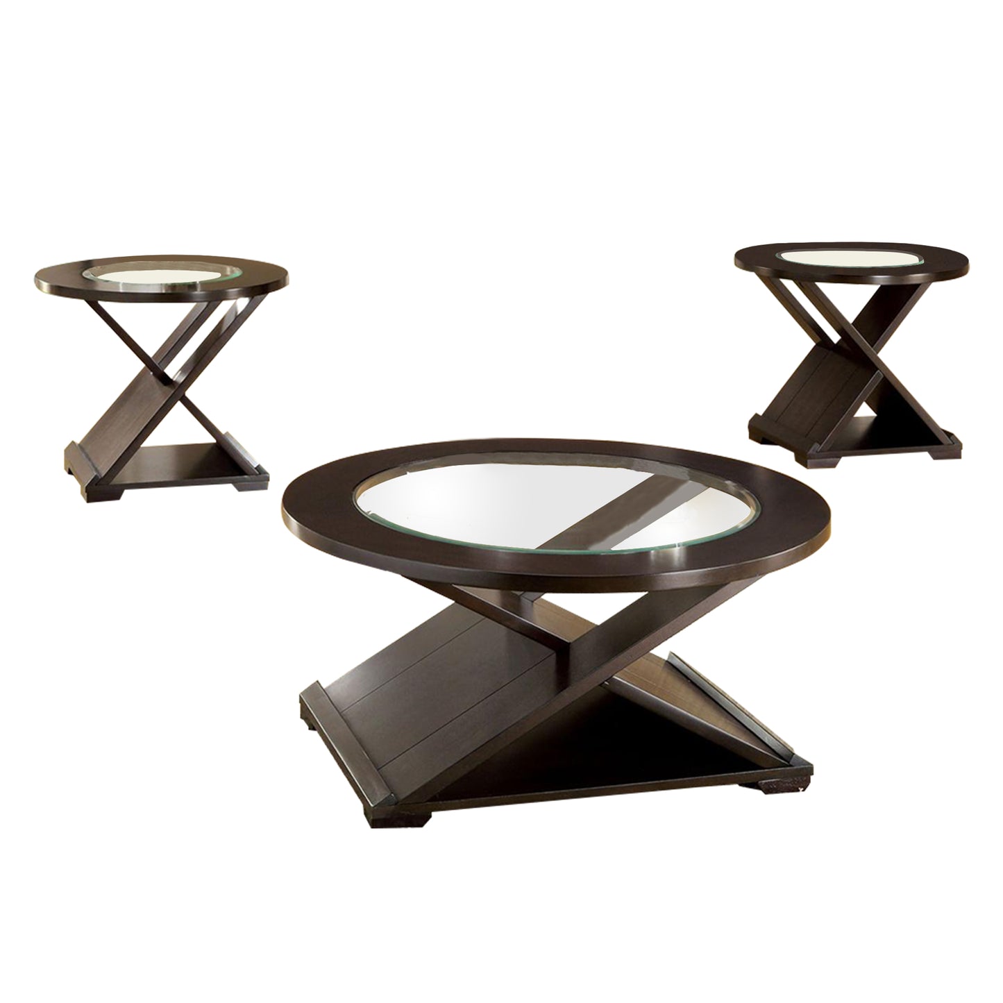 3 Piece Round Glass Coffee Table and End Table with X Shaped Base, Brown — Chic Home-Decor