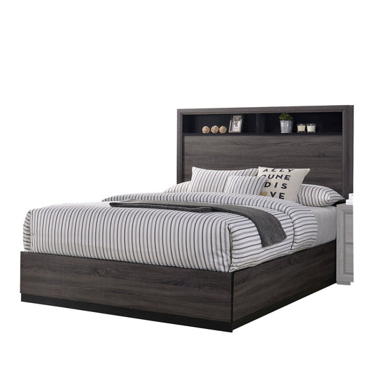Transitional Wooden Queen Size Platform Bed with Bookcase Headboard, Gray — Chic Home-Decor