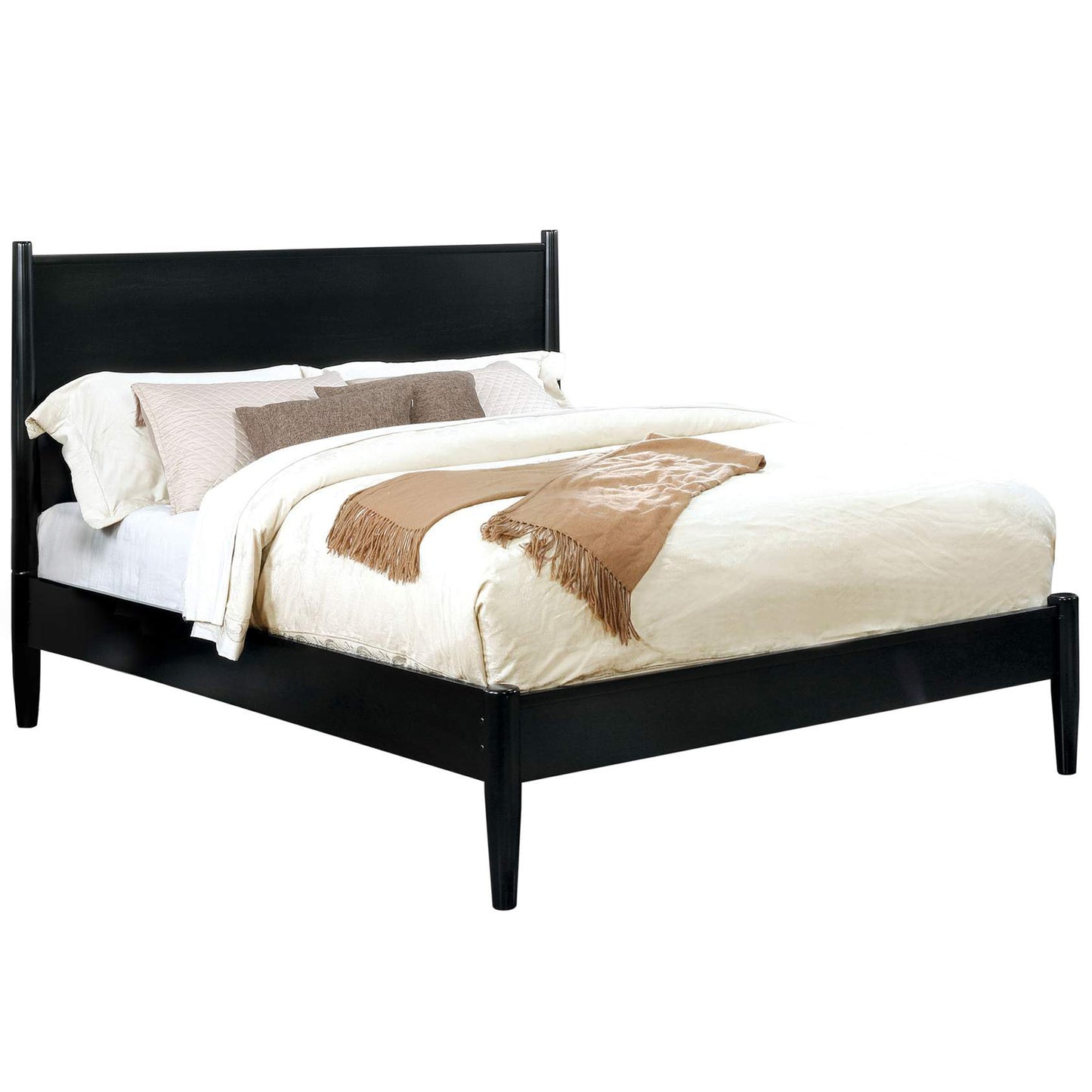 Wooden California King Size Bed with Panel Headboard, Black — Chic Home-Decor