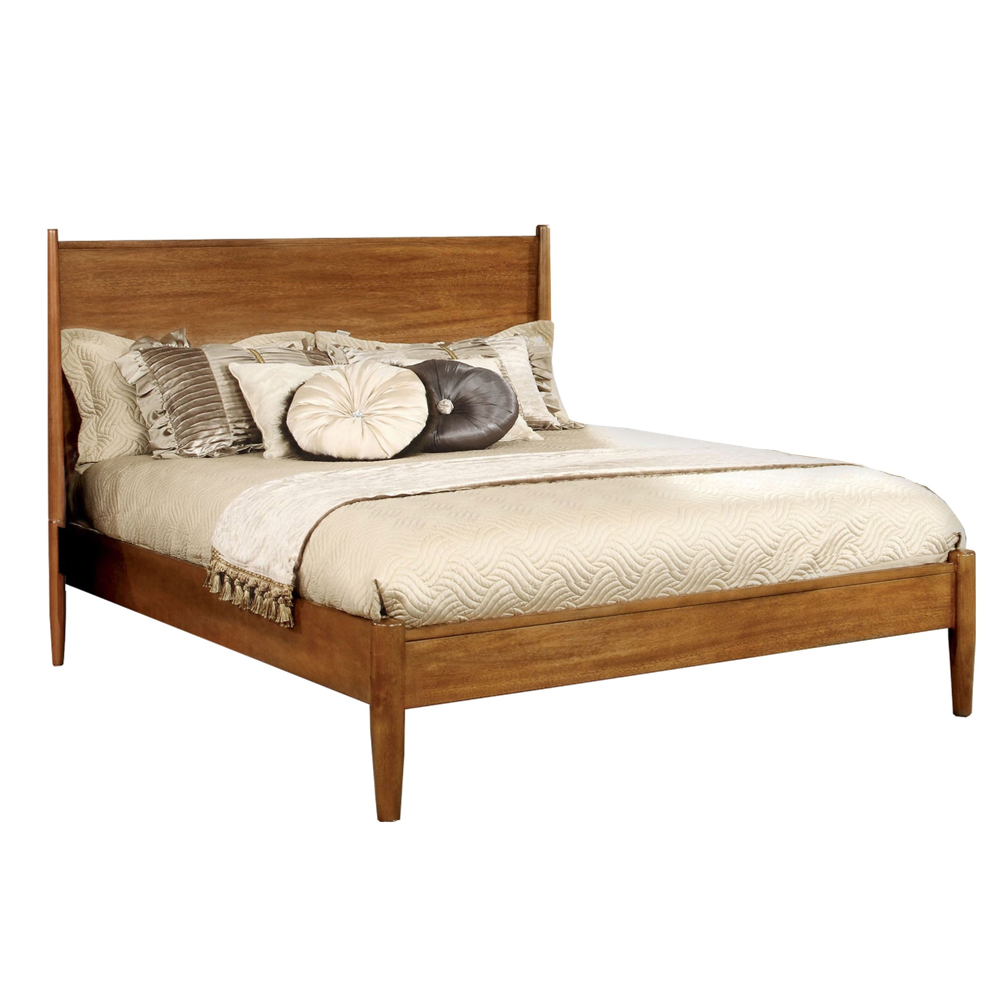 Mid Century Modern Wood Queen Bed, Round Tapered Legs, Oak Brown — Chic Home-Decor