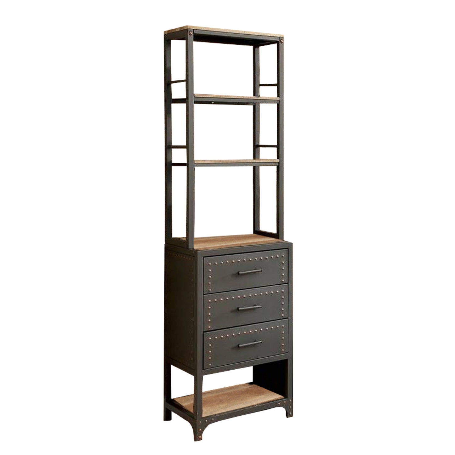 Wood and Metal Pier Cabinet with Studded Accents and Storage Spaces, Gray — Chic Home-Decor