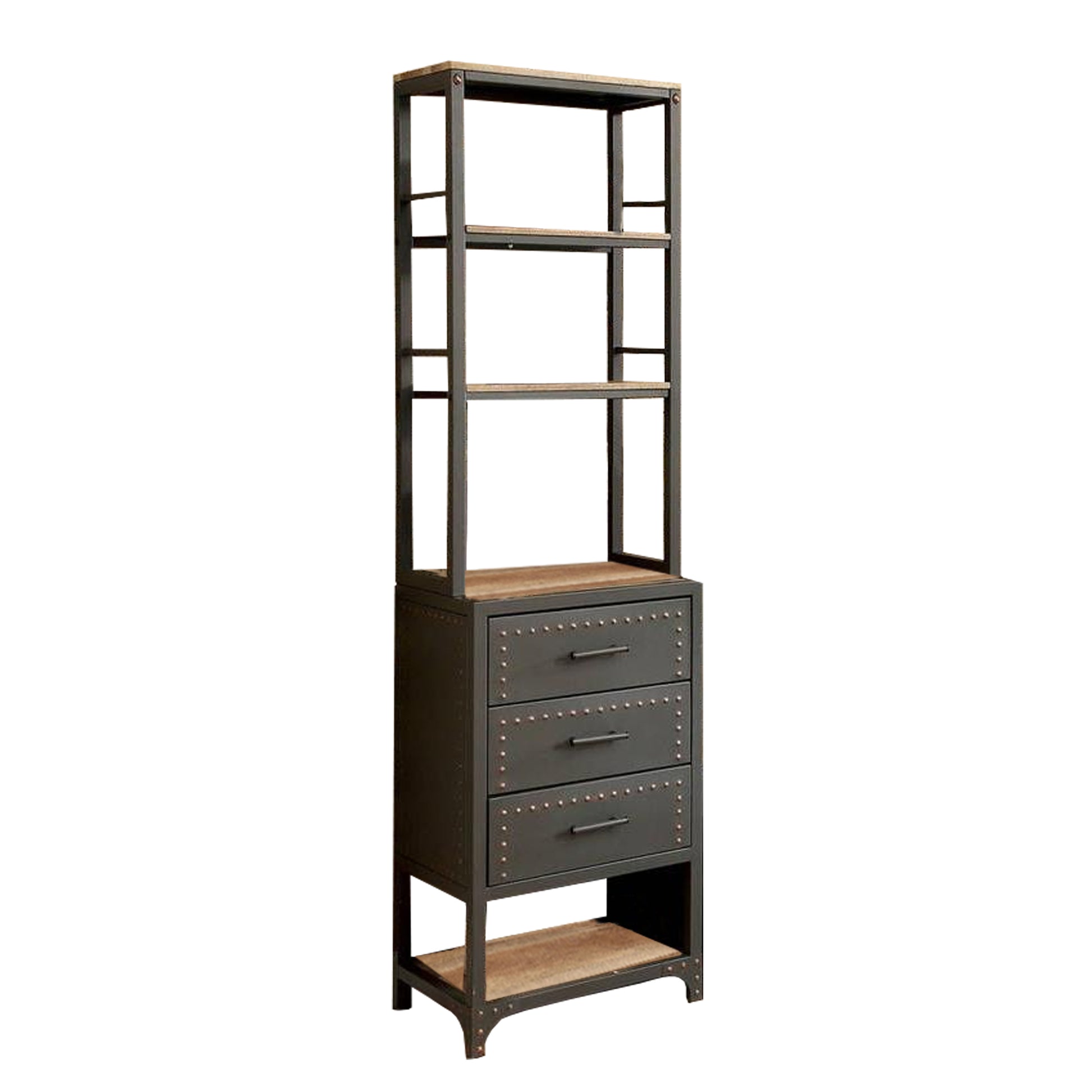 Wood and Metal Pier Cabinet with Studded Accents and Storage Spaces, Gray — Chic Home-Decor