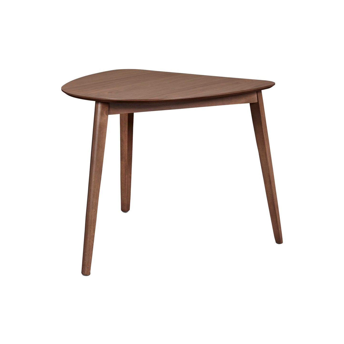 Mid Century Triangular Corner Table by Benzara in walnut brown wood with grain details