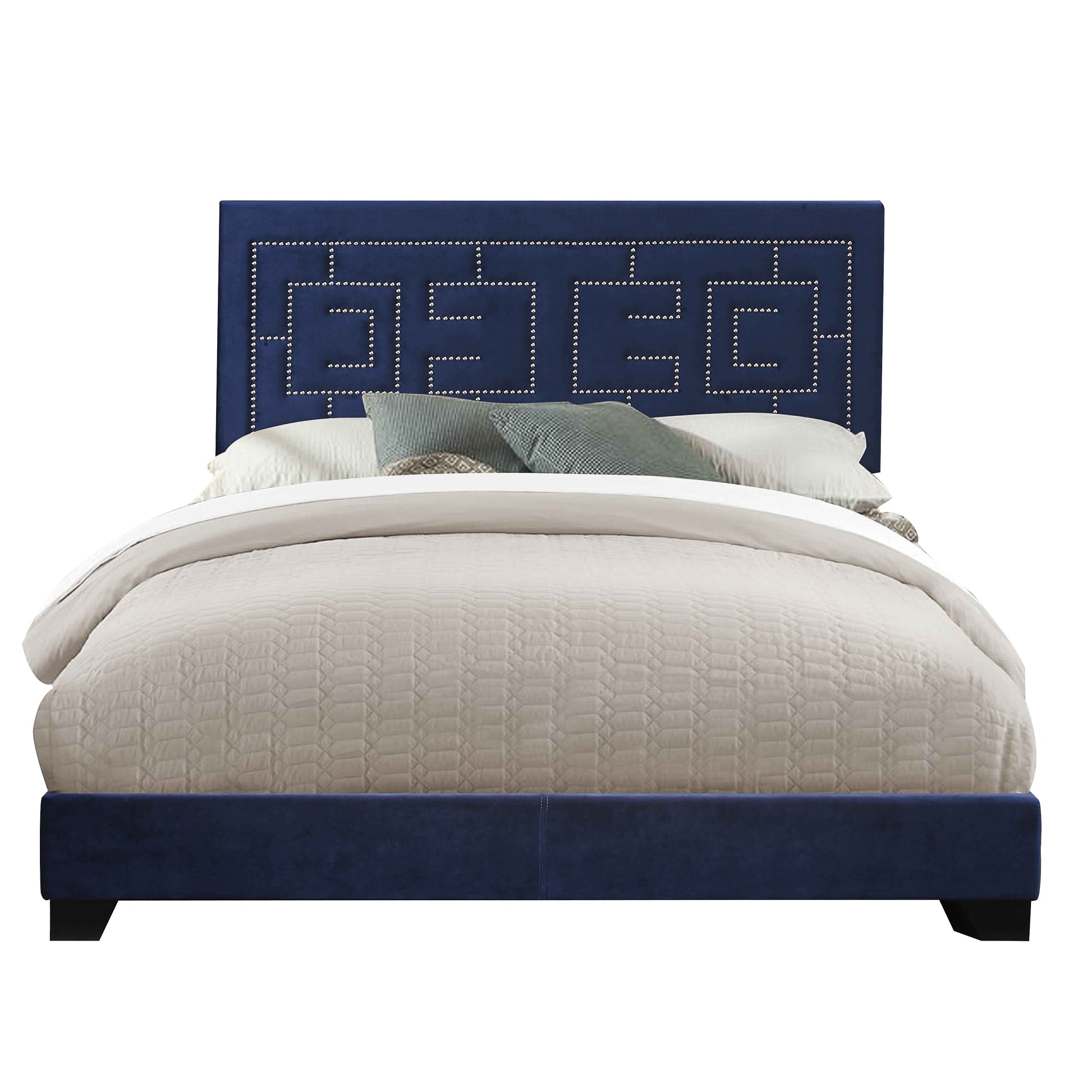Eastern King Bed in blue fabric with geometric nailhead trim by Benzara